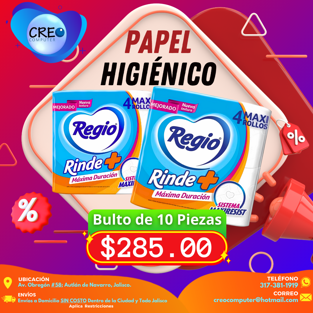 Regio Papel Higiénico - Bulto de 10 Paquetes con 4 Rollos MAXI
