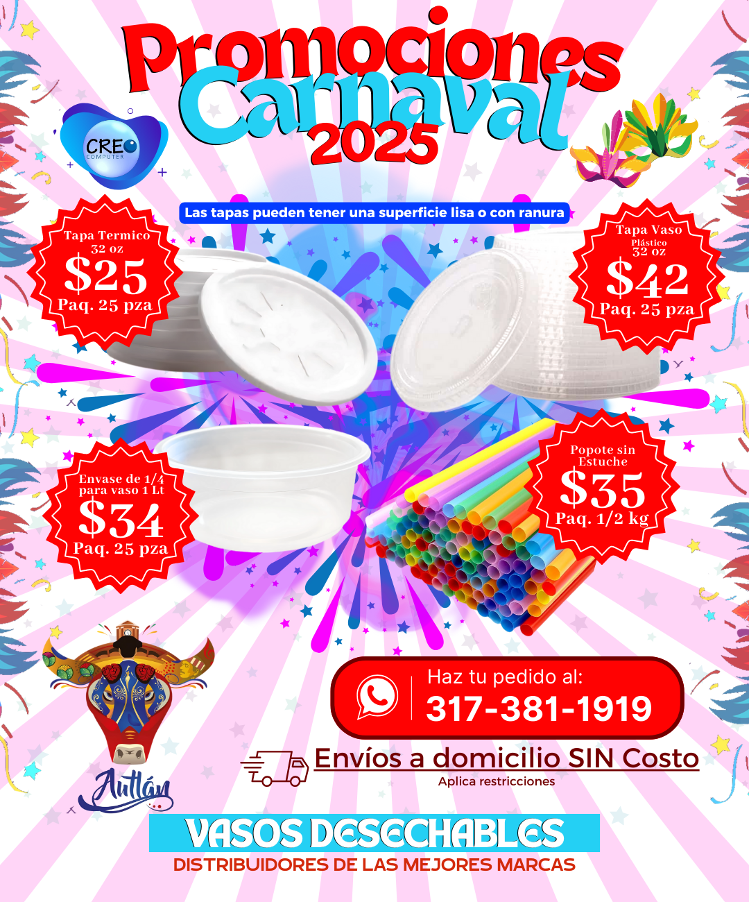 Promoción Desechables - Tapa Vaso Térmico, Plástico, Envase de 1/4 y Popotes