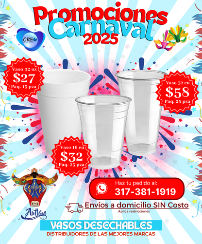 Promoción Vasos Desechables - Vaso 32 oz Unicel y Vaso 32 eu / 16 eu / Plástico